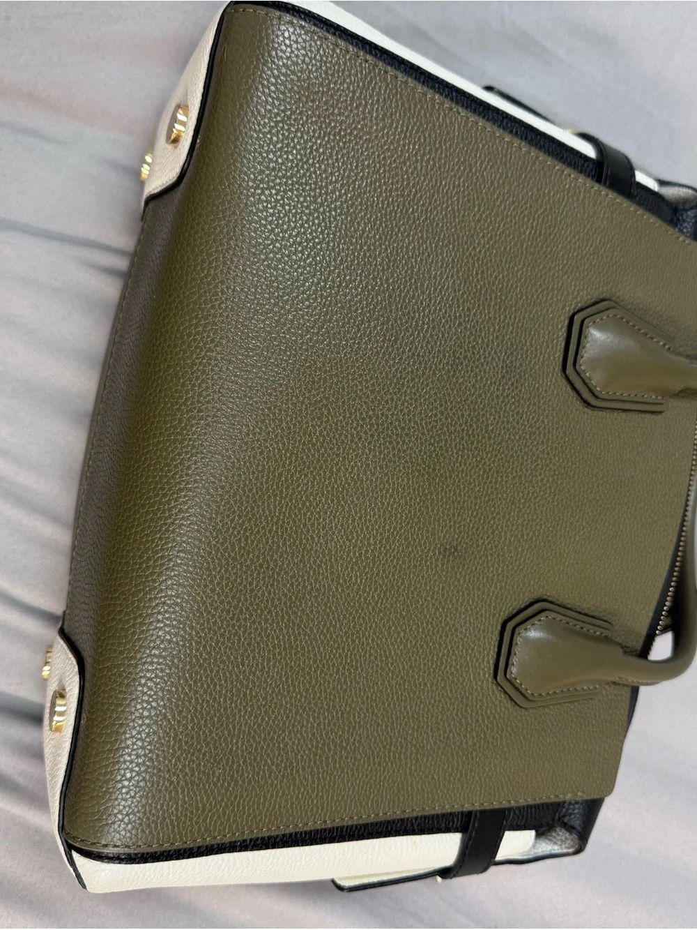 Michael Kors Olive Green and White Leather Satchel with Black Trim